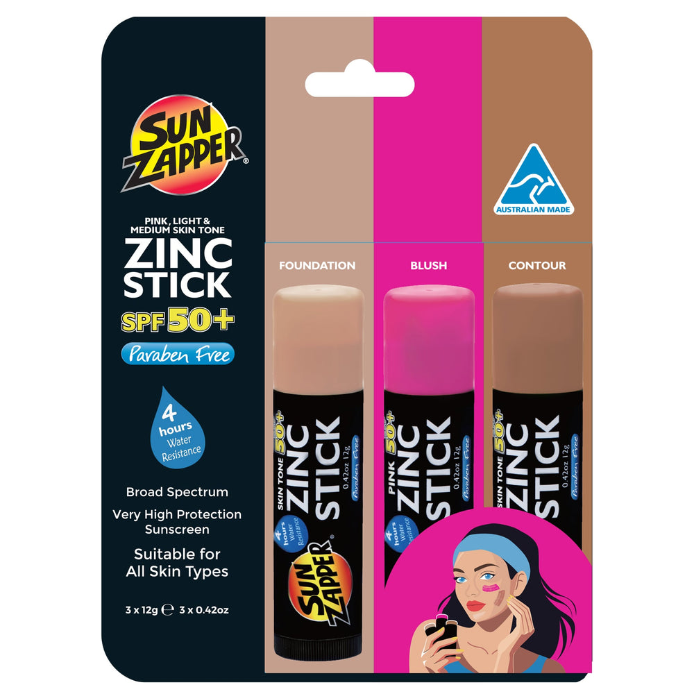 Sun Zapper Zinc Stick Beauty 3-Pack SPF 50+ – Concealer, Contour & Blush (Light, Medium, Pink)