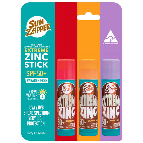 Sun Zapper Extreme Zinc Stick 3-Pack SPF 50+ – Red, Orange & Purple (15g Performance)
