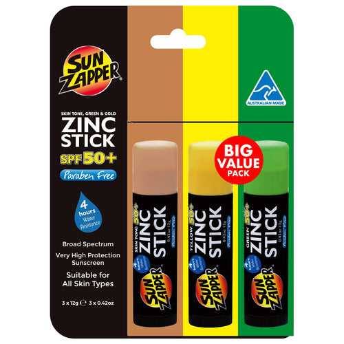 Sun Zapper Zinc Stick 3-Pack SPF 50+ – Light Skin Tone, Green & Yellow