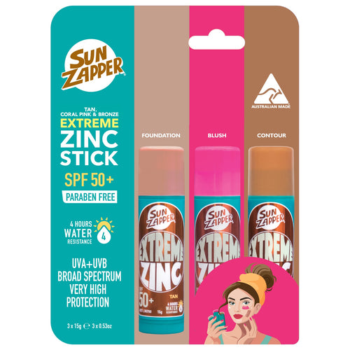 Sun Zapper Extreme Zinc Stick Beauty 3-Pack SPF 50+ – Foundation, Bronzer & Blush (Tan, Bronze, Pink)