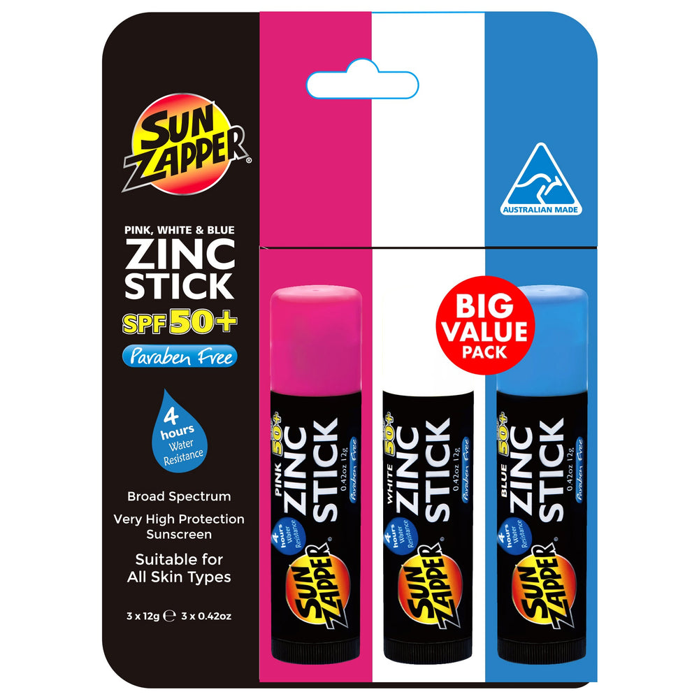 Sun Zapper Zinc Stick 3-Pack SPF 50+ – Pink, White & Blue