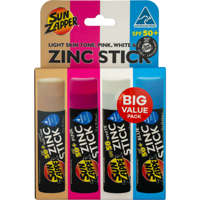 Sun Zapper Zinc Stick Beach 4-Pack SPF 50+ — Light Skin Tone, Pink, White & Blue