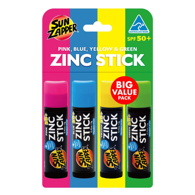 Sun Zapper Zinc Stick Rainbow 4-Pack SPF 50+ – Pink, Blue, Yellow & Green