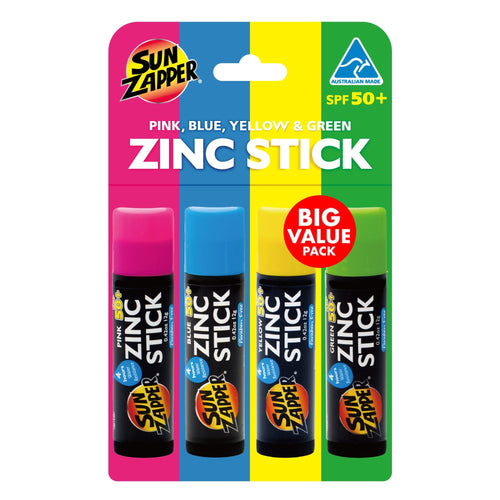 Sun Zapper Zinc Stick Rainbow 4-Pack SPF 50+ – Pink, Blue, Yellow & Green