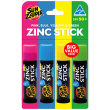 Load image into Gallery viewer, Sun Zapper - Zinc Stick Rainbow Pack 4-Pack Pink/Blue/Yellow/Green - SPF50+ 12g each
